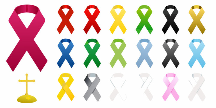 Collection of colorful awareness ribbons and a small gold cross