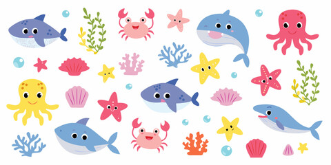 Colorful cartoon illustration of marine life and underwater elements © Sudebi