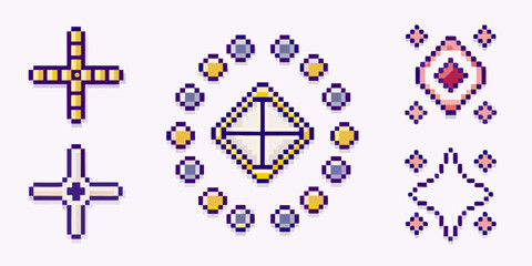 Obraz premium Pixel art designs featuring crosses diamonds and geometric shapes