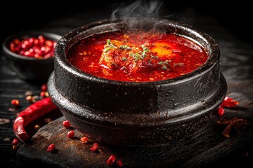 Fiery Red Korean Kimchi Jjigae Served with Tradition in Stone Pot
