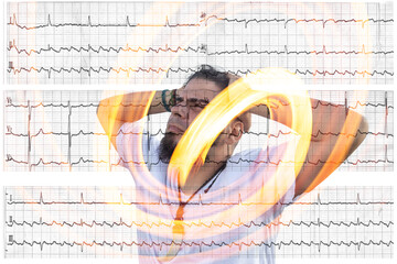 Adult male holding head with eyes closed expressing anxiety and chest stress over ECG background