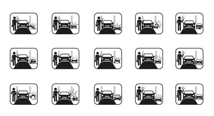 Collection of car wash icons showing different stages of cleaning.