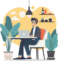 Fototapeta premium Freelancer working in a cafe with headphones, flat vector illustration in corporate memphis style with clean thick outlines, solid colors, simple geometric shapes, isolated on white background