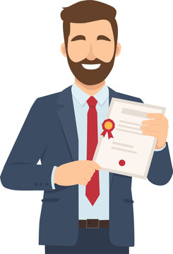Man holding a diploma certificate proudly. Flat vector illustration for graduation, success, and education achievement concept.