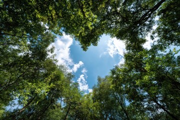 Fototapeta premium A lush canopy of trees surrounds a bright blue sky with fluffy clouds, creating a serene and peaceful natural scene.