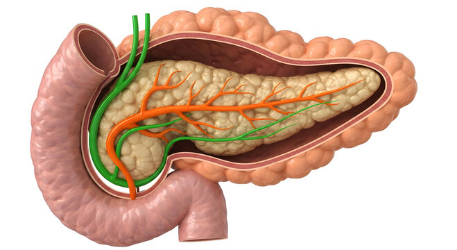 Detailed 3 D Anatomical Illustration of Human Pancreas and Duodenum with Blood Vessels