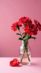 Vibrant carnation bouquet on pink table Elegant Mother's Day card design , greeting, pretty, table