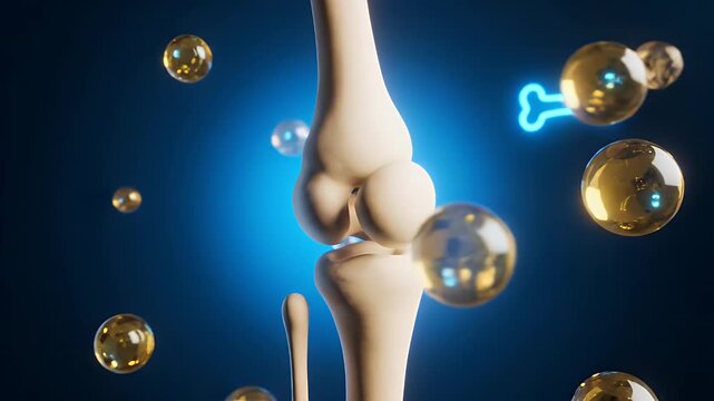 Healthy human knee bone joint with golden oil molecules on blue background