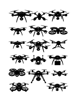 Drone silhouette icon set showing aerial technology, flying drones, and unmanned aircraft shapes for surveillance, delivery, and tech concepts