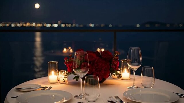 Romantic dinner setup by the water under moonlight