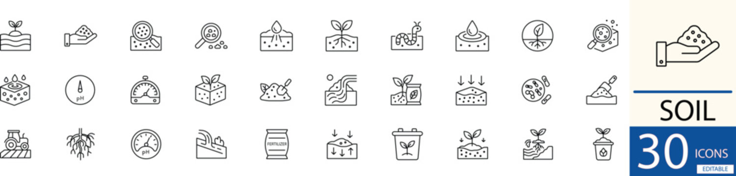 Flat line vector soil icon set showing earth, agriculture, and soil health concepts in clean minimal style. Perfect for farming, gardening, agriculture, and environmental design use