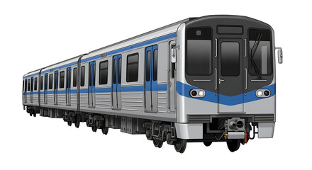Naklejka premium Modern subway train with sleek design and blue accents on a plain background from a slight angle viewpoint