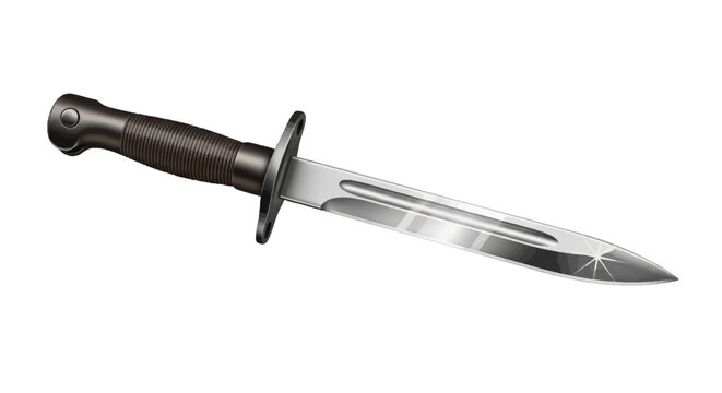 Detailed illustration of a sharp military bayonet knife with dark handle and gleaming blade on white