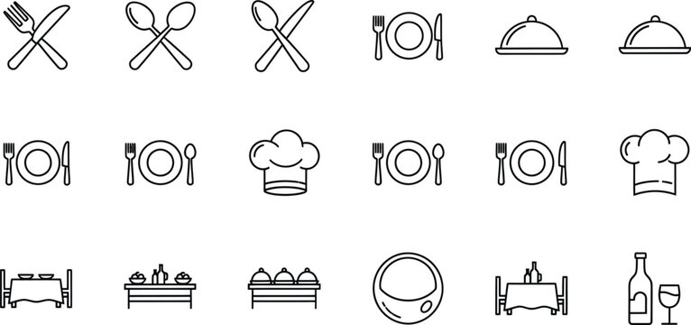 Line art icons representing dining, food service, and restaurant elements.