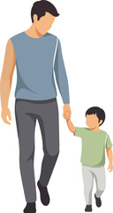 Obraz premium A man and a young boy walking together, holding hands, outdoors, viewed from the side