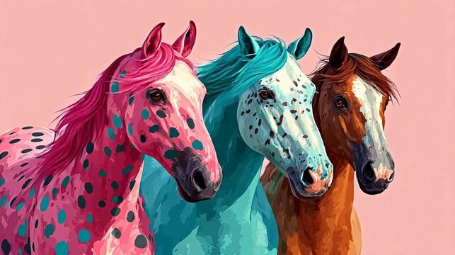 Three colorful horses with spotted patterns