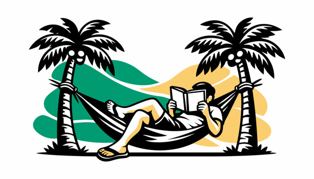 Man relaxing in hammock between palm trees reading book