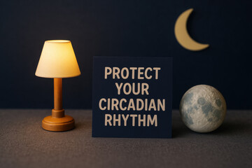 Fototapeta premium Calm sleep health concept with tiny lamp and moon model. navy sticky note says Protect Your Circadian Rhythm against dark background for peaceful well being