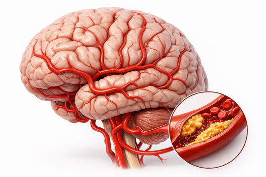 Medical illustration showing human brain and cerebral vessel. realistic anatomy details clogged artery with dangerous atherosclerosis plaque, major health risk