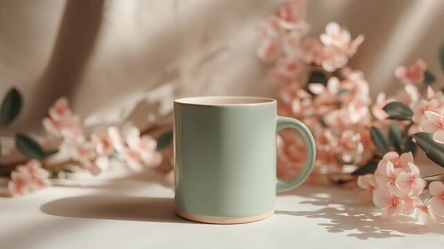 Pastel sage green coffee cup mockup on floral background