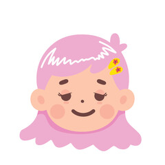 Obraz premium A smiling cartoon girl with pink hair and a flower clip.