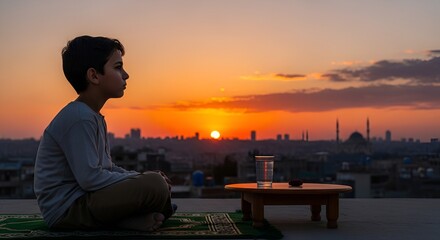 Fototapeta premium Young boy meditating on rooftop at sunset with city skyline and mosque silhouette