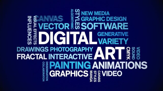 Digital Art animated word cloud-text design animation tag kinetic typography seamless loop.