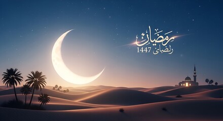 Fototapeta premium Ramadan Crescent Moon Over Desert Dunes with Mosque and Palm Trees
