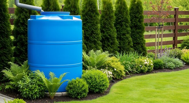 A large blue water tank collects rainwater in a garden, surrounded by lush greenery and a fence