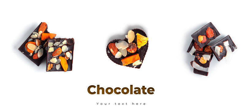 Raw heart shaped chocolate with dried fruits and nuts on a white background. High quality photo