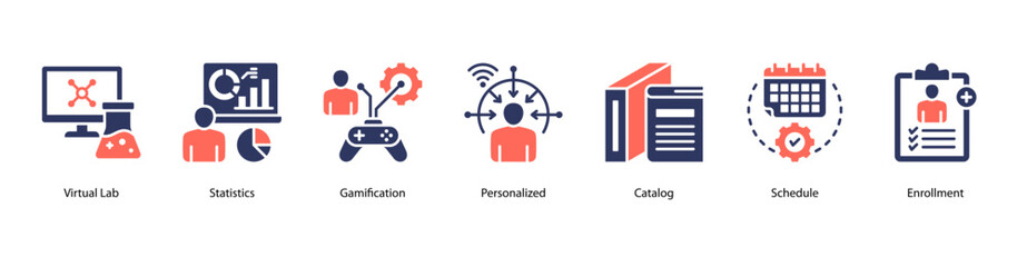 Personalized EdTech Experience web banner icon vector illustration featuring Virtual Lab, Statistics, Gamification, Personalized, Catalog, Schedule, and Enrollment.