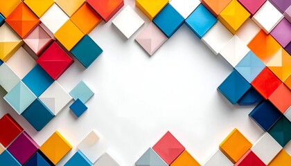 Colorful cubes arrange on white background, creating a frame with an empty center space