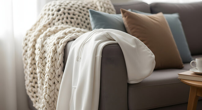Cozy living room interior featuring a comfortable gray sofa with a chunky knit throw soft pillows and warm natural light