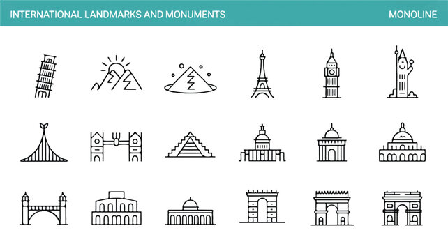 Minimalist vector line art icons illustrating iconic international landmarks and world monuments, perfect for global travel and architectural design resources