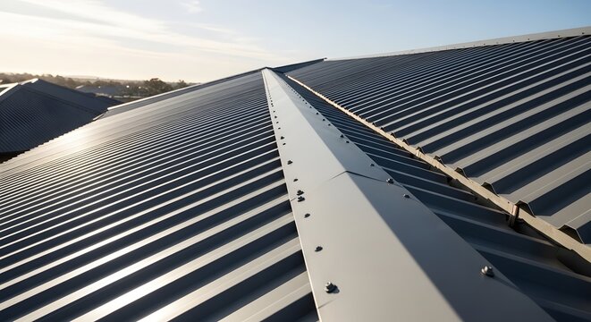 A detailed view of a corrugated metal roof with a central ridge under a bright sky.