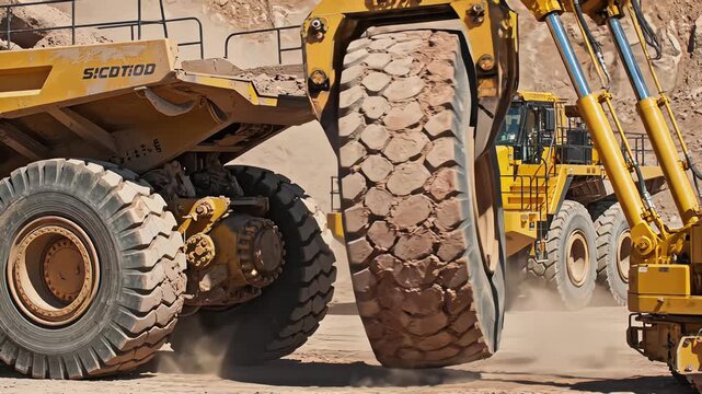 Heavy industrial tire handler removing a massive wheel from a mining dump truck in an open-pit quarry during maintenance operation