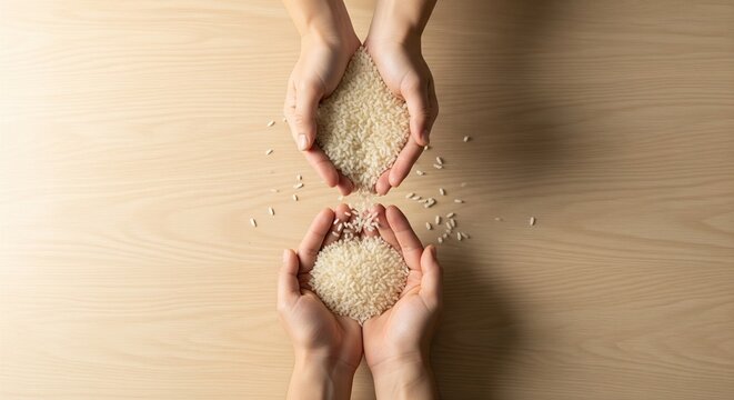 Overhead View of Hands Exchanging Rice Grains