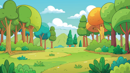 Fototapeta premium Vivid cartoon forest clearing with varied trees under a bright blue sky