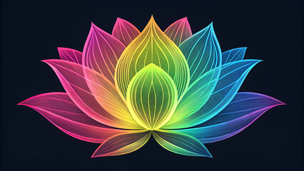 Fototapeta premium Vibrant neon lotus flower with fluid gradient colors glowing on black background abstract design