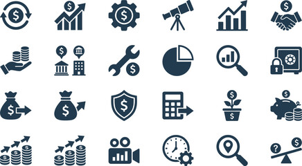 Fototapeta premium Extensive collection of modern financial and business management icons for economic growth and investment strategies