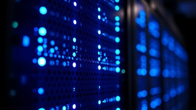 Close-up of glowing blue server rack lights creating an abstract technological pattern on a dark background.