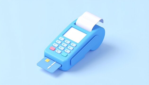 A hand uses an electronic keypad on a credit card reader and plastic calculator to manage finance and accounting numbers for a business bank transaction in a modern office