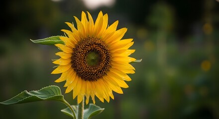 A vibrant yellow sunflower with a dark brown center stands prominently against a soft, blurred green background.