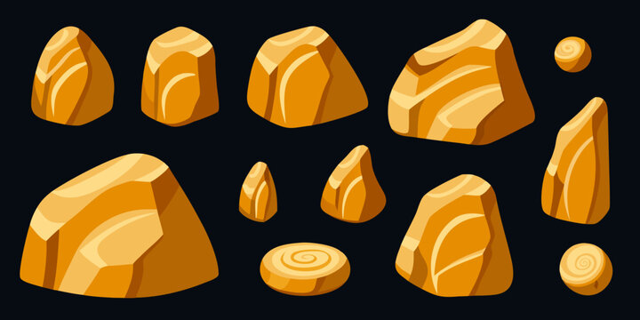Stylized golden rocks and stones arranged on a dark background