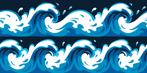 Fototapeta premium Stylized repeating pattern of blue ocean waves on a dark background
