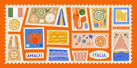 A collection of colorful postage stamps depicting italian themes and imagery © Tusar