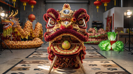 Obraz premium Vibrant lion dance head with red and gold details in workshop