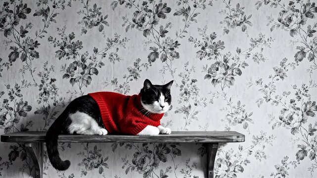 Cat in red sweater on wooden shelf