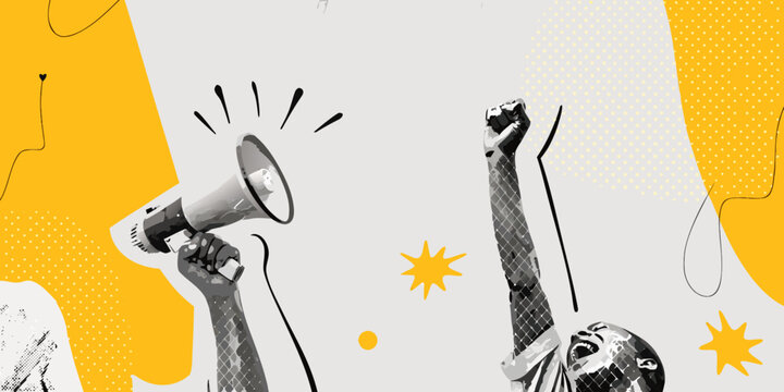 Protest with raised fist and megaphone against an abstract yellow background