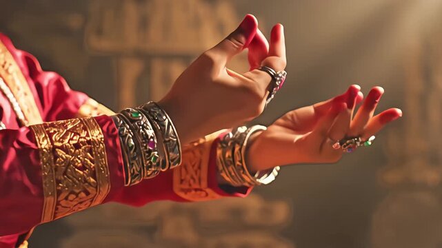 Close up of traditional Thai dancer hands with ornate jewelry and red costume performing classical gestures in golden light